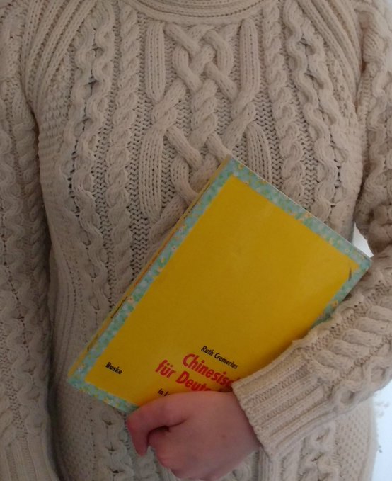 Das Foto zeigt Nihononakos Oberkörper ohne Kopf. Sie trägt einen beigen Pullover und hält ein gelbes Chinesisch-Buch. 