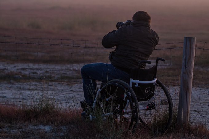 Das Bild zeigt Batsleia von hinten in der Natur. Er sitzt im Rollstuhl vor einem Zaun und fotografiert mit einer Kamera die Landschaft. 